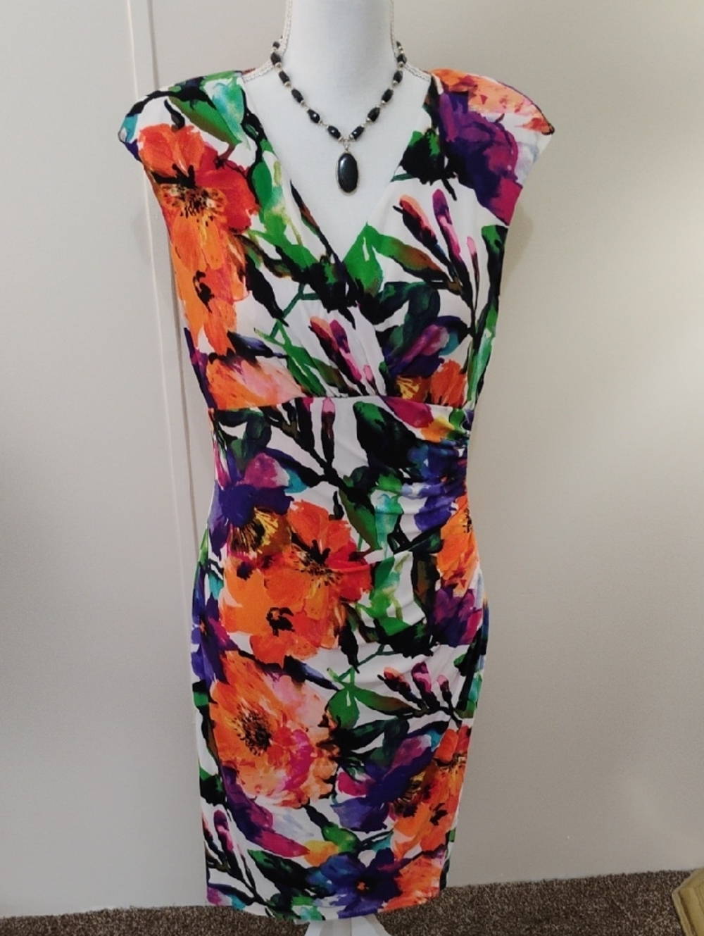 Lauren Ralph Lauren White Floral V-Neck Sheath Dress with Orange, Purple & Green